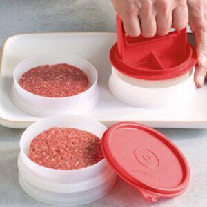 Tupperware Hamburger Press W/ Ring 4 Burger Patties Keeper Freezer Set Chili Red